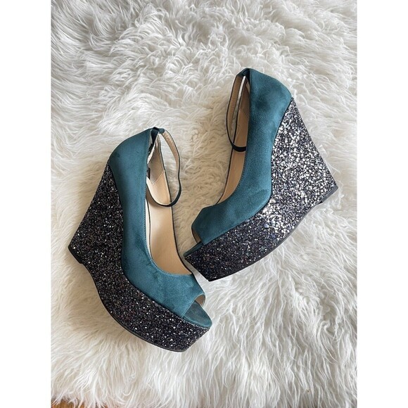 Boutique 9 Women’s Size 10 Sparkle platform Wedge Shoes Peep toe Heels - Picture 2 of 11